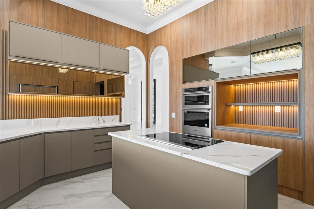 Interior, Kitchen, Marble, Pendant Lights, Stainless Steel Appliances, Wooden Walls