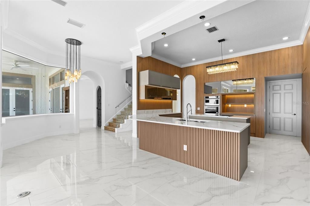 Interior, Kitchen, Marble, Pendant Lights, Recessed Lighting, Stainless Steel Appliances