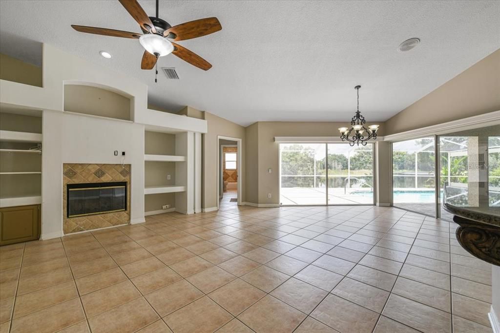 Chandelier, Empty room, Fireplace, Interior, Recessed Lighting
