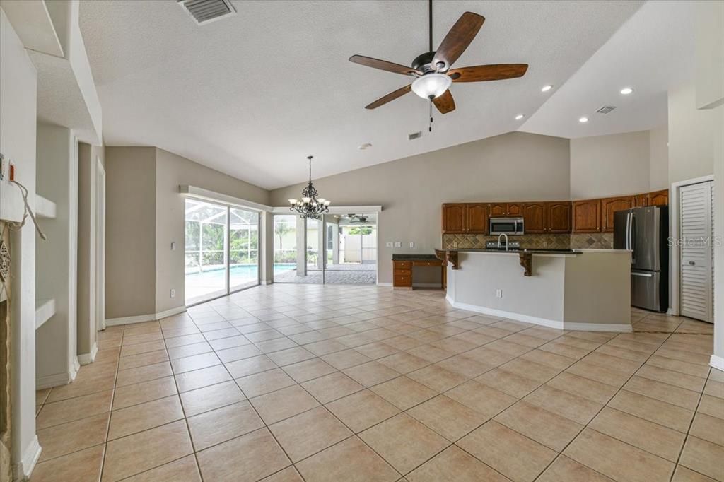 Chandelier, Empty room, Interior, Kitchen, Recessed Lighting, Stainless Steel Appliances