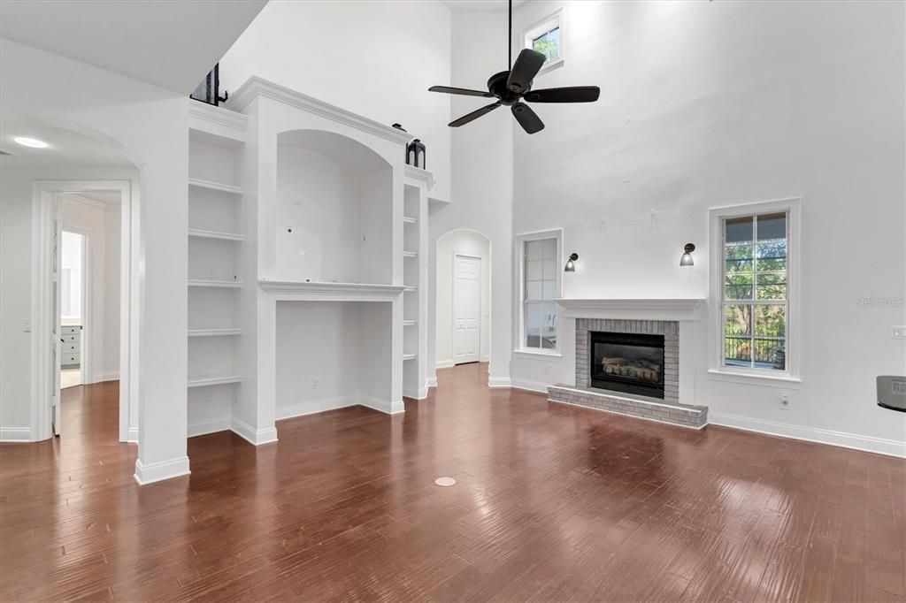 Empty room, Fireplace, Interior, Recessed Lighting, Wood Texture Flooring