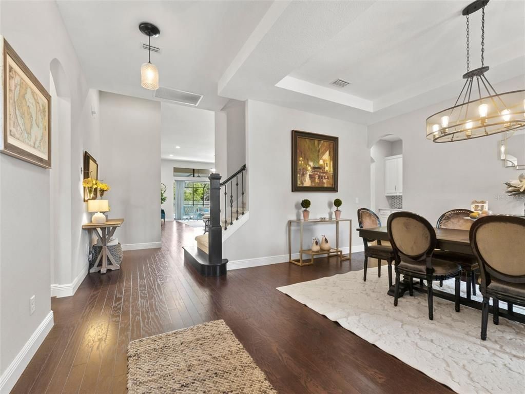 Chandelier, Dining room, Interior, Pendant Lights, Wood Texture Flooring