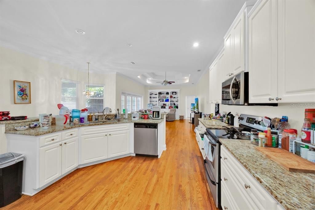 Interior, Kitchen, Pendant Lights, Recessed Lighting, Wood Texture Flooring