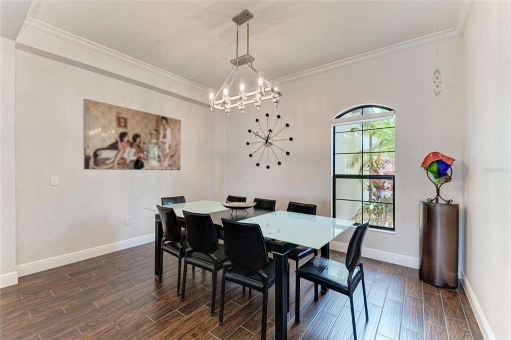 Dining room, Interior, Pendant Lights, Wood Texture Flooring