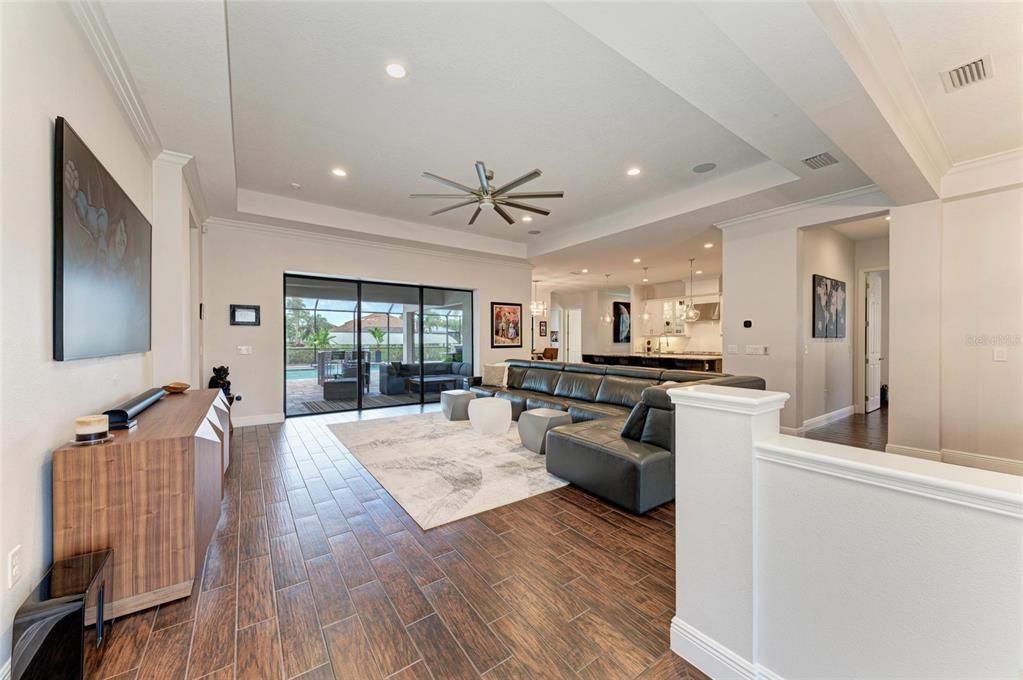 Interior, Kitchen, Living room, Recessed Lighting, Stainless Steel Appliances, Wood Texture Flooring