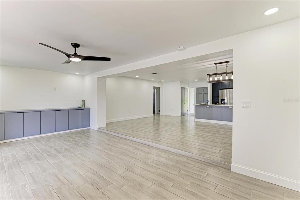 Empty room, Interior, Kitchen, Pendant Lights, Recessed Lighting, Wood Texture Flooring