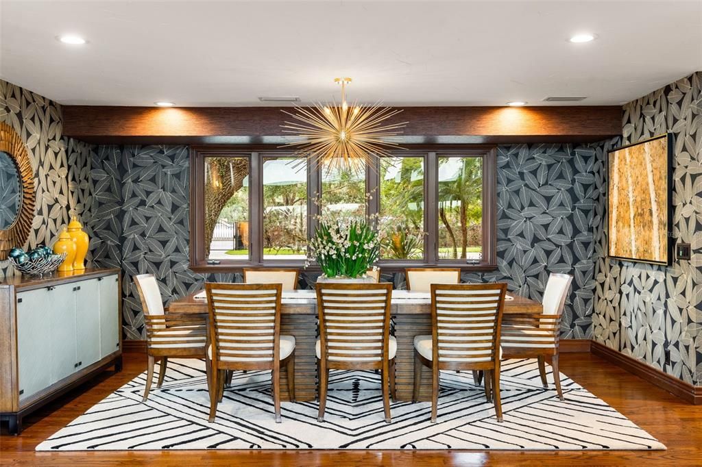 Dining room, Interior, Pendant Lights, Recessed Lighting, Wood Texture Flooring