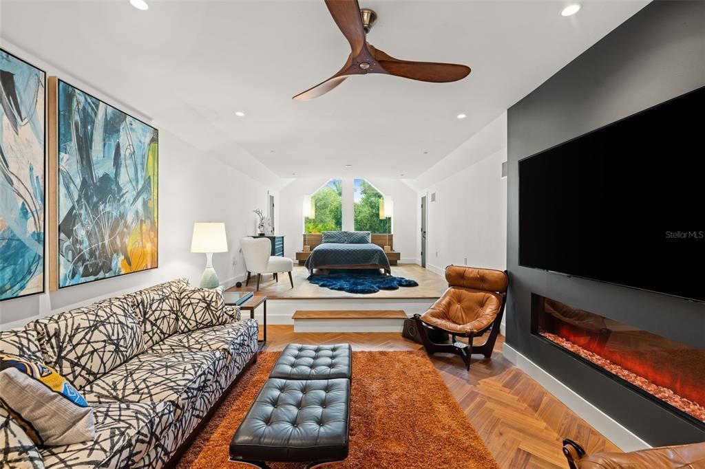 Fireplace, Interior, Living room, Recessed Lighting, Wood Texture Flooring