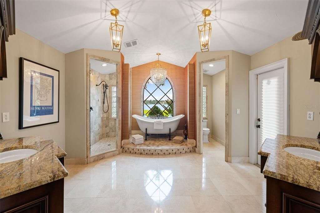 Bathroom, Chandelier, Dual Sink Vanities, Free Standing Baths, Glass Shower, Interior, Recessed Lighting
