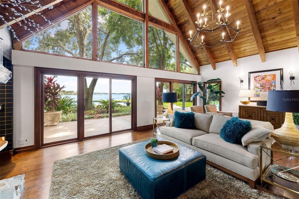 Chandelier, Interior, Living room, Water, Wooden Beams, Wooden Ceilings, Wood Texture Flooring