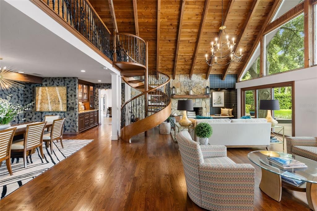 Chandelier, Dining room, Interior, Living room, Recessed Lighting, Stone Walls, Wooden Beams, Wooden Ceilings, Wood Texture Flooring