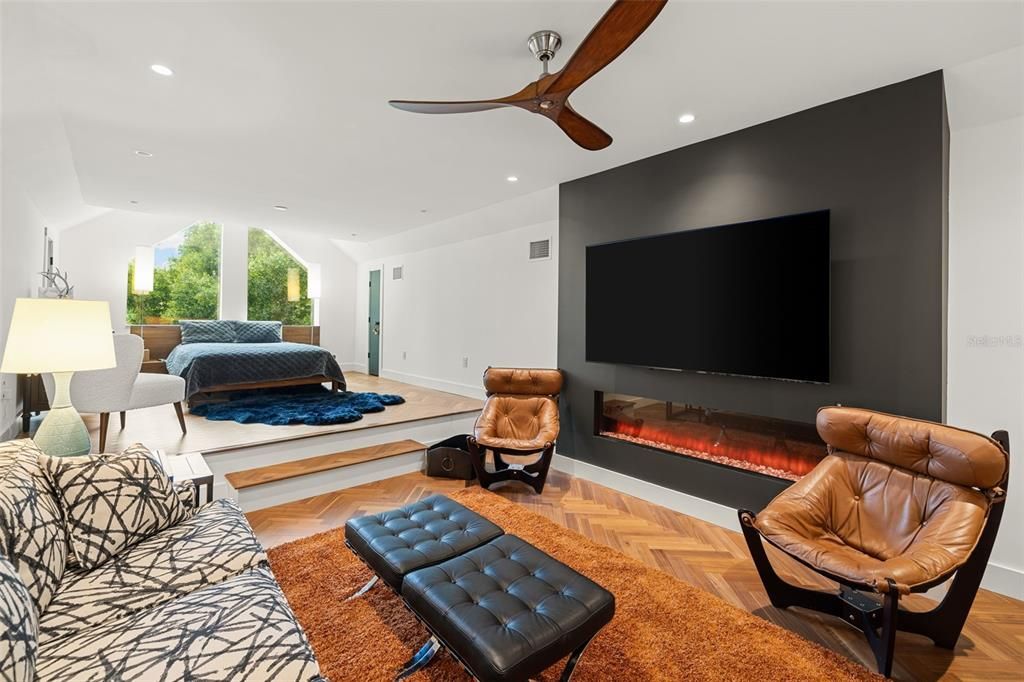 Fireplace, Interior, Living room, Recessed Lighting, Wood Texture Flooring