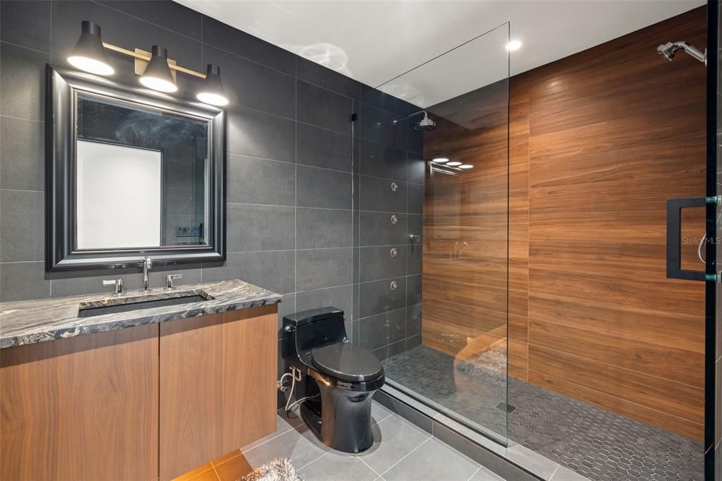 Bathroom, Glass Shower, Interior, Recessed Lighting, Wooden Walls