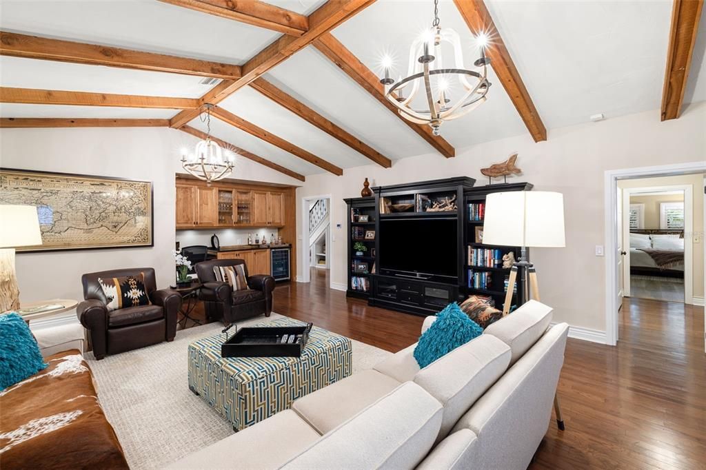 Chandelier, Interior, Living room, Wooden Beams, Wood Texture Flooring