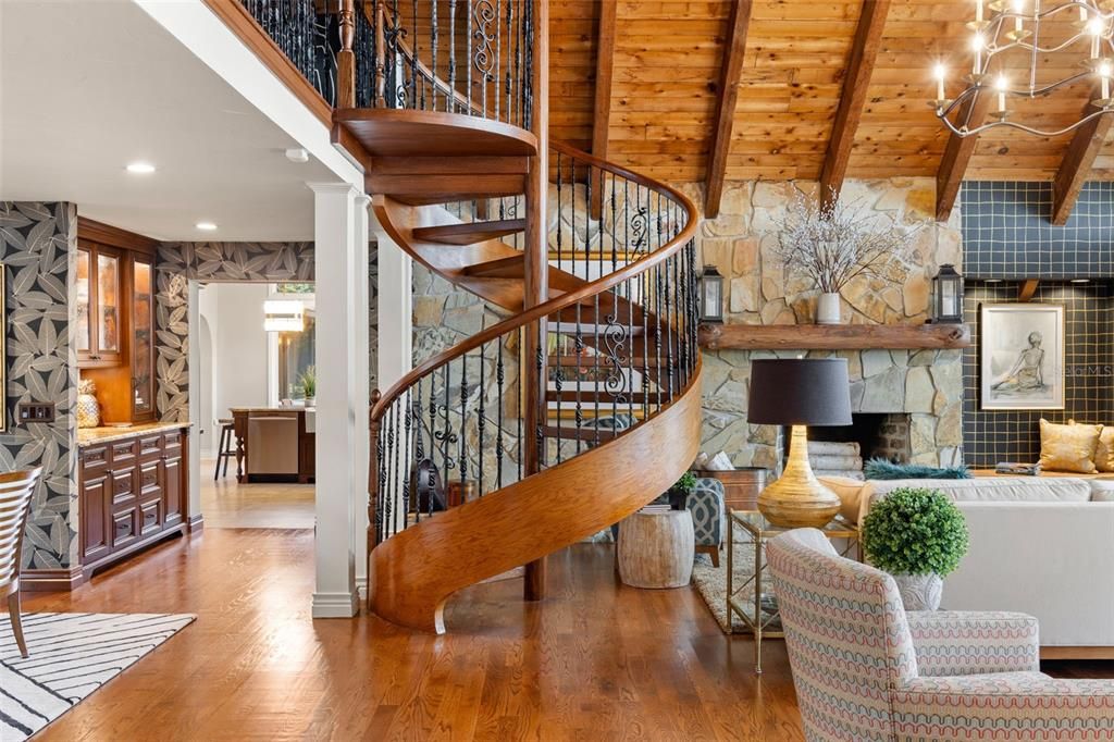 Chandelier, Fireplace, Interior, Recessed Lighting, Wooden Beams, Wooden Ceilings, Wood Texture Flooring