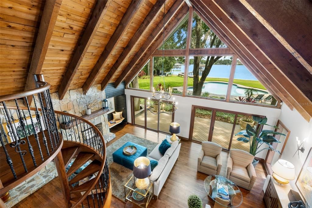 Fireplace, Interior, Living room, Stone Walls, Water, Wooden Beams, Wooden Ceilings, Wood Texture Flooring