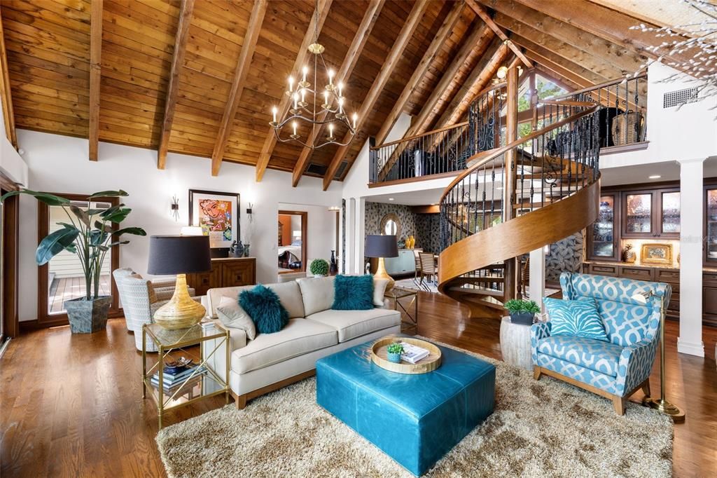 Chandelier, Interior, Living room, Piano, Wooden Beams, Wooden Ceilings, Wood Texture Flooring