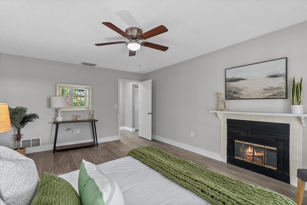 Bedroom, Fireplace, Interior, Wood Texture Flooring
