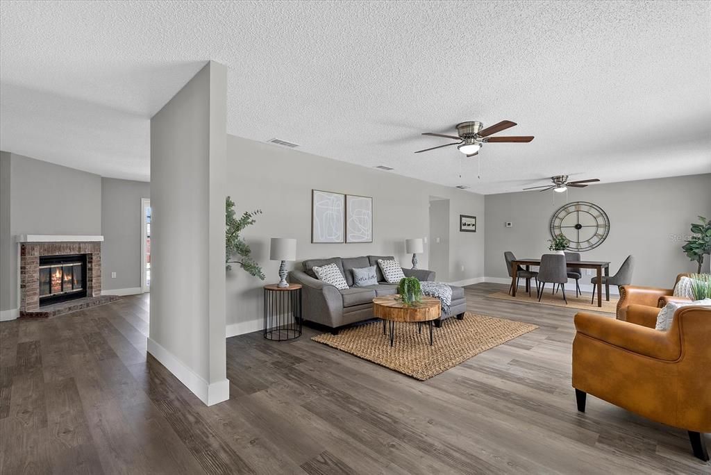 Dining room, Fireplace, Interior, Living room, Wood Texture Flooring