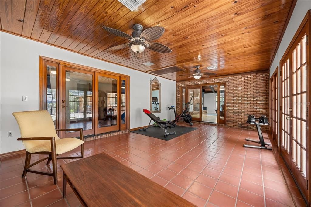 Fitness Equipment, Interior, Stone Walls, Wooden Ceilings