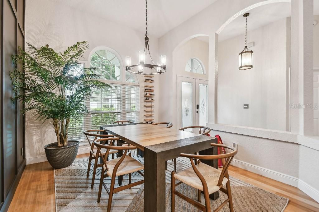 Dining room, Interior, Pendant Lights, Wood Texture Flooring