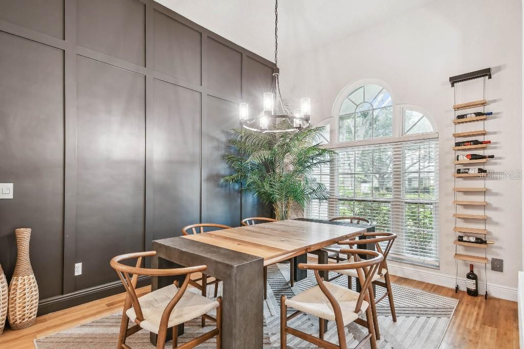 Dining room, Interior, Pendant Lights, Wood Texture Flooring