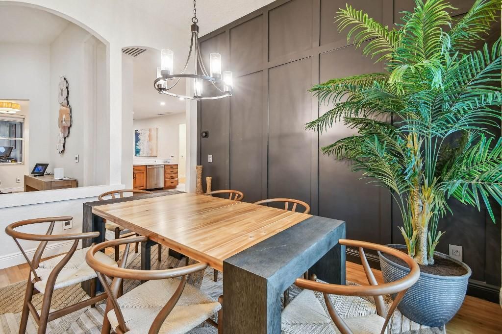 Dining room, Interior, Pendant Lights, Wood Texture Flooring