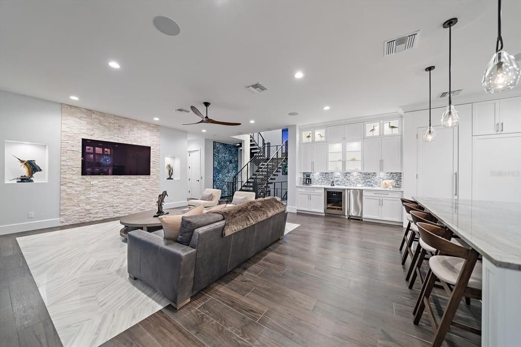 Dining room, Interior, Kitchen, Living room, Pendant Lights, Recessed Lighting, Stone Walls, Wood Texture Flooring