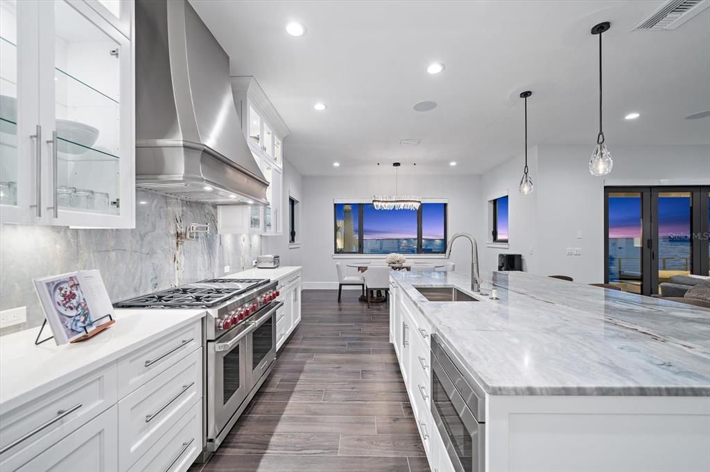 Interior, Kitchen, Pendant Lights, Recessed Lighting, Stainless Steel Appliances, Water, Wood Texture Flooring