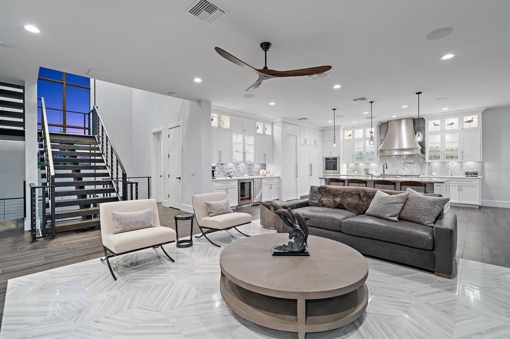 Interior, Kitchen, Living room, Pendant Lights, Recessed Lighting, Stainless Steel Appliances, Wood Texture Flooring