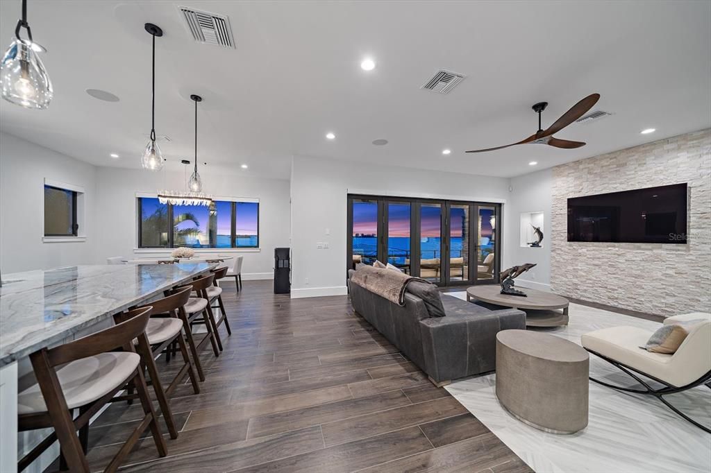 Dining room, Interior, Living room, Pendant Lights, Recessed Lighting, Water, Wood Texture Flooring