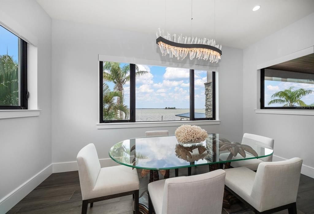 Dining room, Interior, Pendant Lights, Recessed Lighting, Water, Wood Texture Flooring