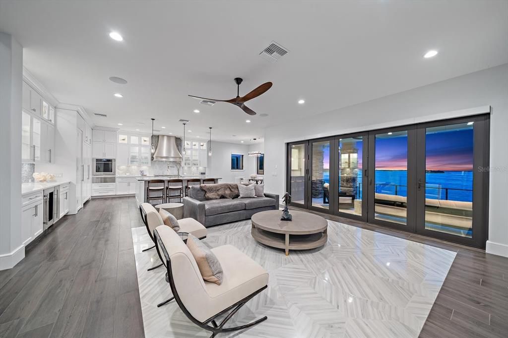 Interior, Kitchen, Living room, Pendant Lights, Recessed Lighting, Water, Wood Texture Flooring