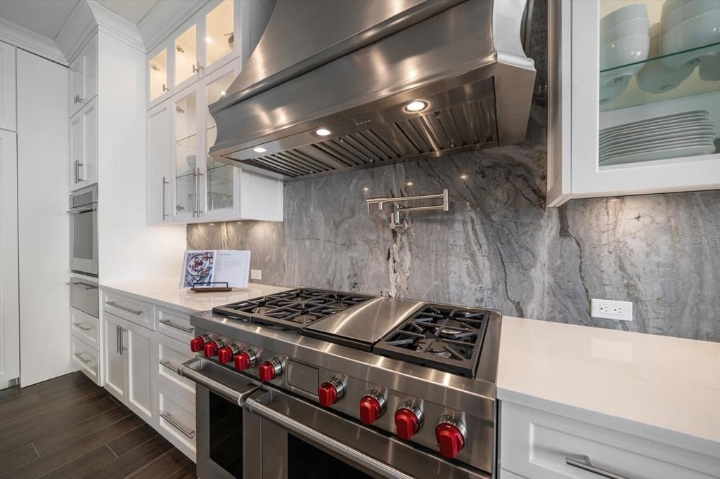 Interior, Kitchen, Marble Walls, Stainless Steel Appliances, Wood Texture Flooring