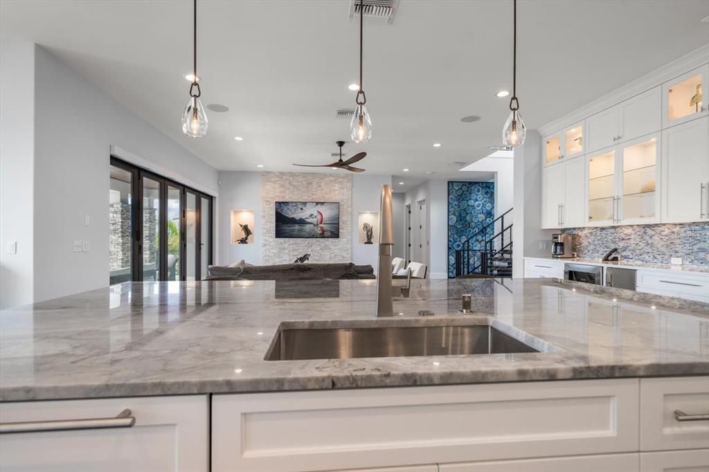 Interior, Kitchen, Pendant Lights, Recessed Lighting, Stone Walls