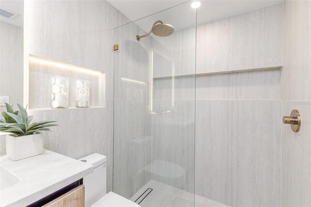 Bathroom, Glass Shower, Interior, Recessed Lighting