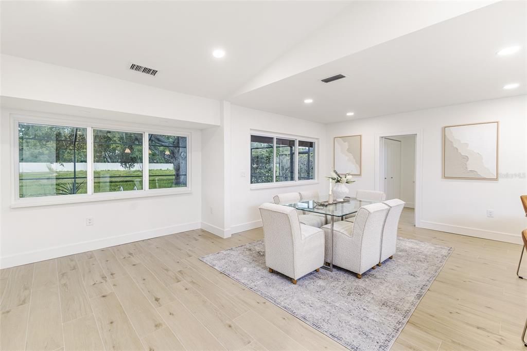 Dining room, Interior, Living room, Recessed Lighting, Wood Texture Flooring