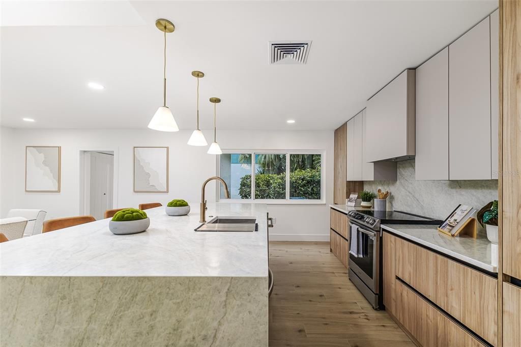 Interior, Kitchen, Pendant Lights, Recessed Lighting, Wood Texture Flooring