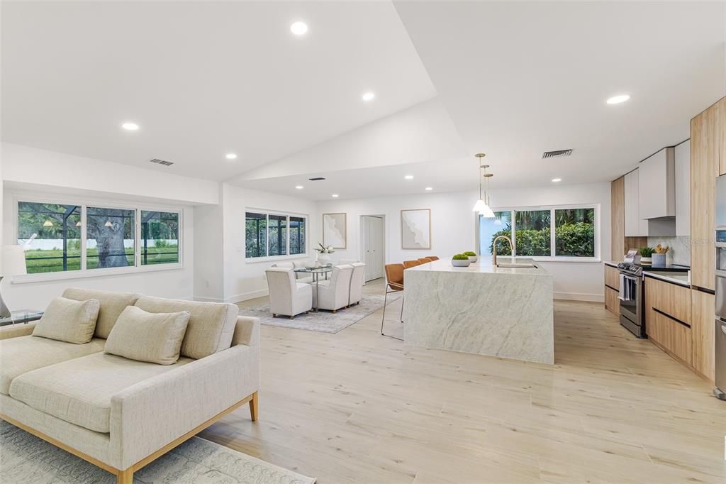 Dining room, Interior, Kitchen, Living room, Pendant Lights, Recessed Lighting, Wood Texture Flooring