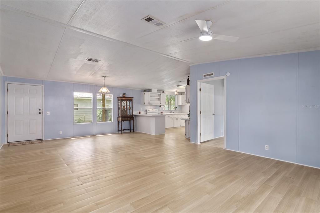 Empty room, Interior, Kitchen, Pendant Lights, Wood Texture Flooring