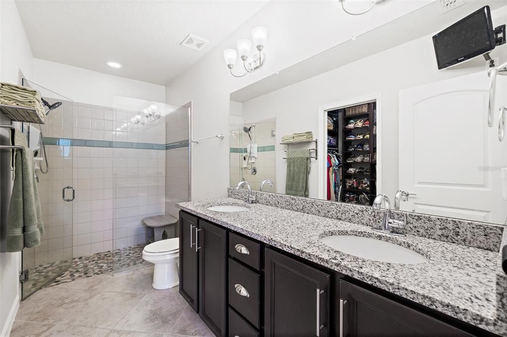 Bathroom, Dual Sink Vanities, Glass Shower, Interior, Recessed Lighting