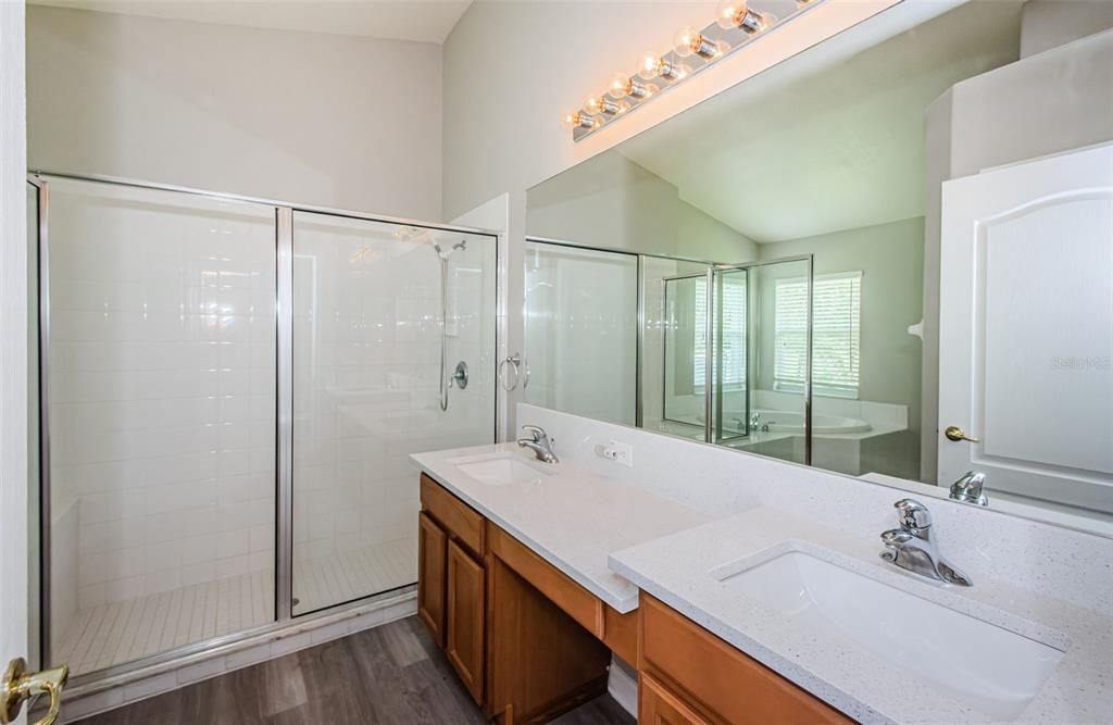 Bathroom, Dual Sink Vanities, Glass Shower, Interior, Wood Texture Flooring