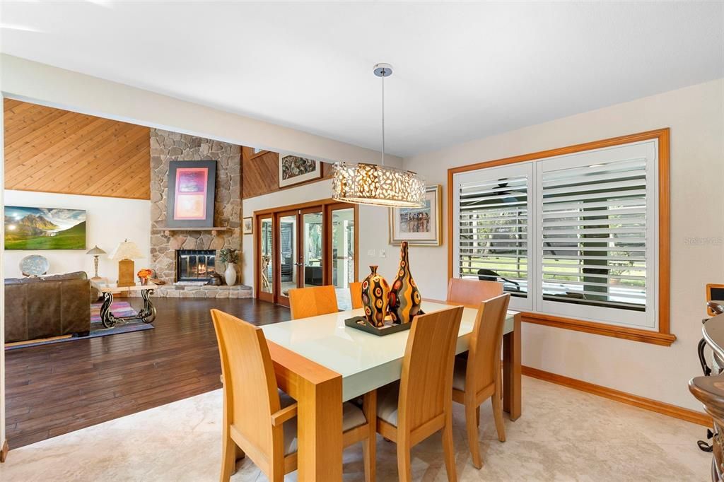 Dining room, Fireplace, Interior, Pendant Lights, Wood Texture Flooring