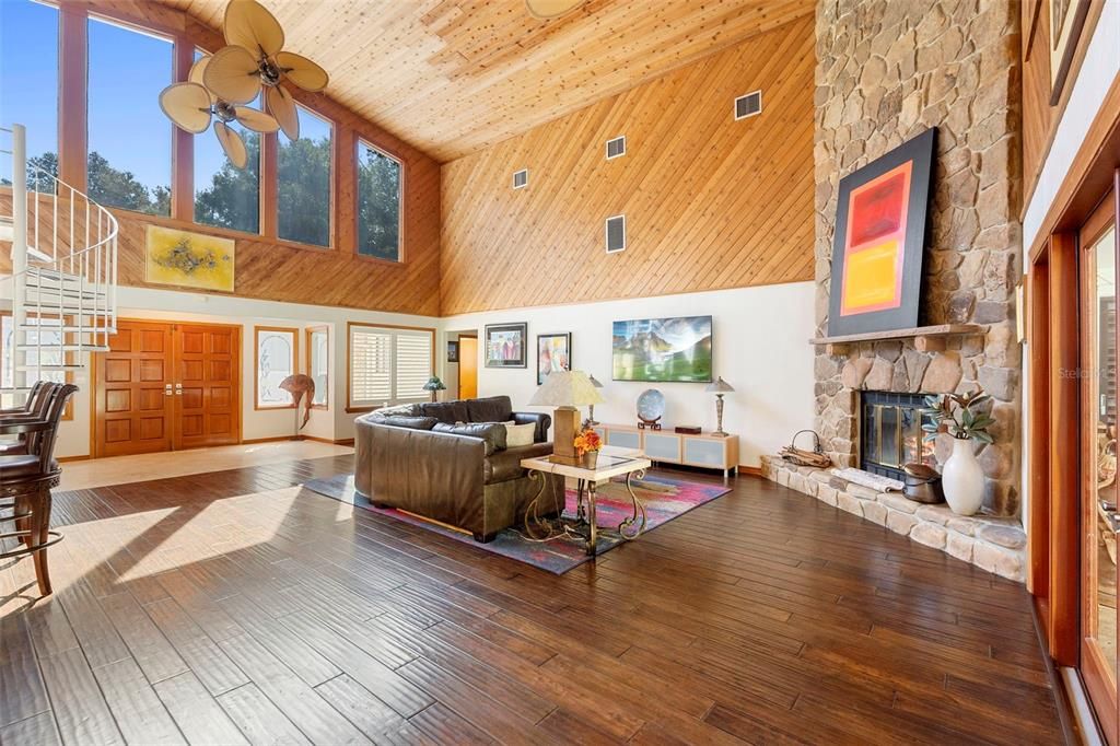 Fireplace, Interior, Living room, Stone Walls, Wooden Ceilings, Wood Texture Flooring