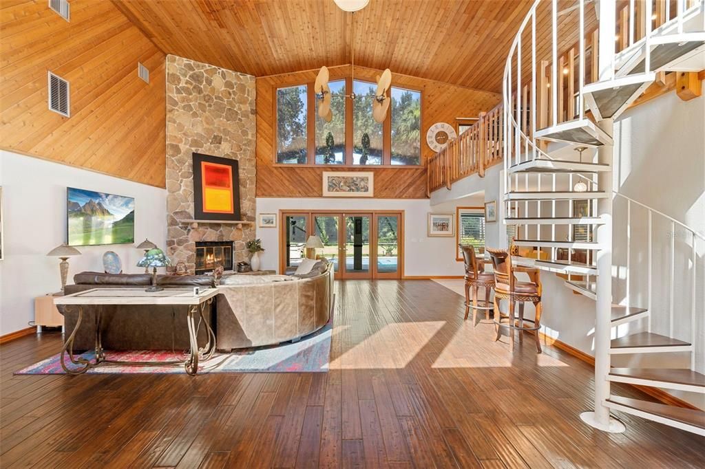 Dining room, Fireplace, Interior, Living room, Stone Walls, Wooden Ceilings, Wood Texture Flooring, Wooden Walls