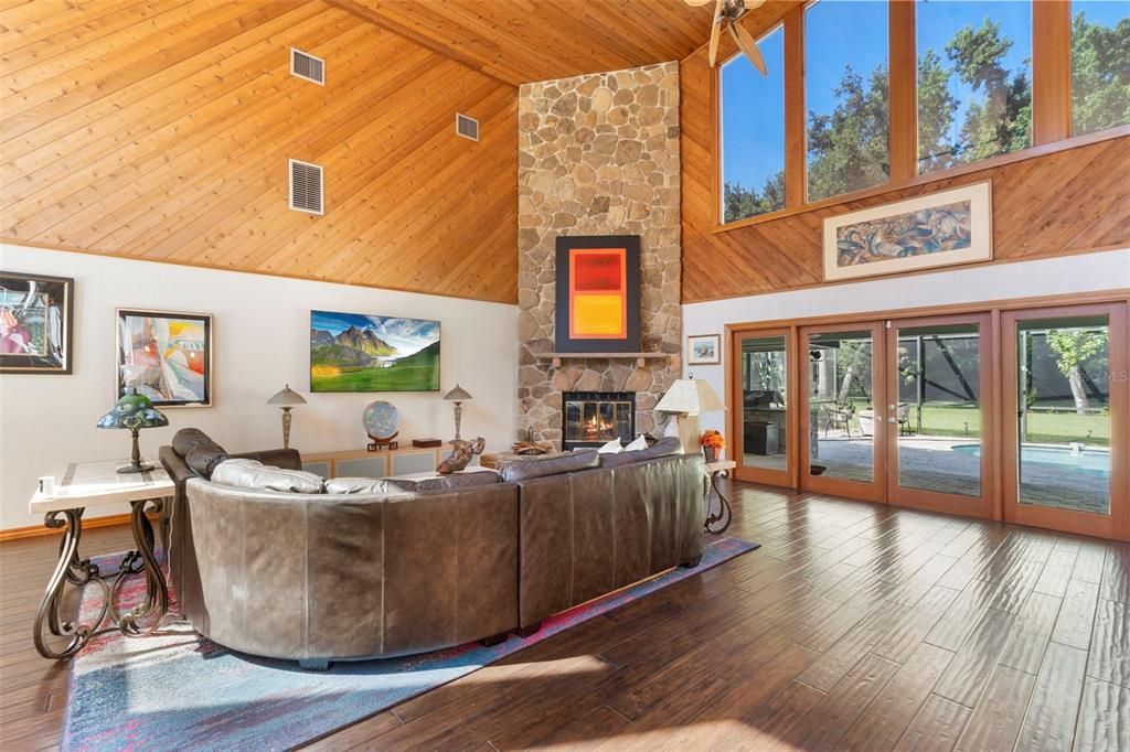 Fireplace, Interior, Living room, Stone Walls, Wooden Ceilings, Wood Texture Flooring, Wooden Walls
