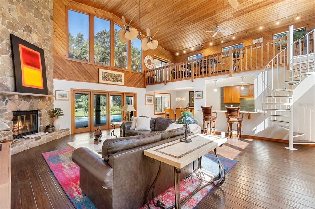 Fireplace, Interior, Kitchen, Living room, Recessed Lighting, Stone Walls, Wooden Ceilings, Wood Texture Flooring