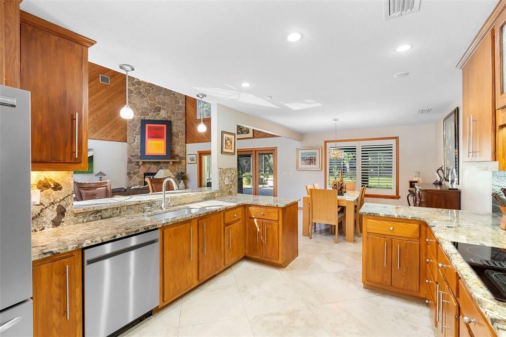 Dining room, Interior, Kitchen, Pendant Lights, Recessed Lighting, Stainless Steel Appliances, Stone Walls