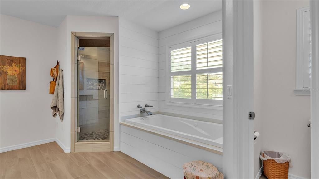 Bathroom, Glass Shower, Interior, Recessed Lighting, Wood Texture Flooring