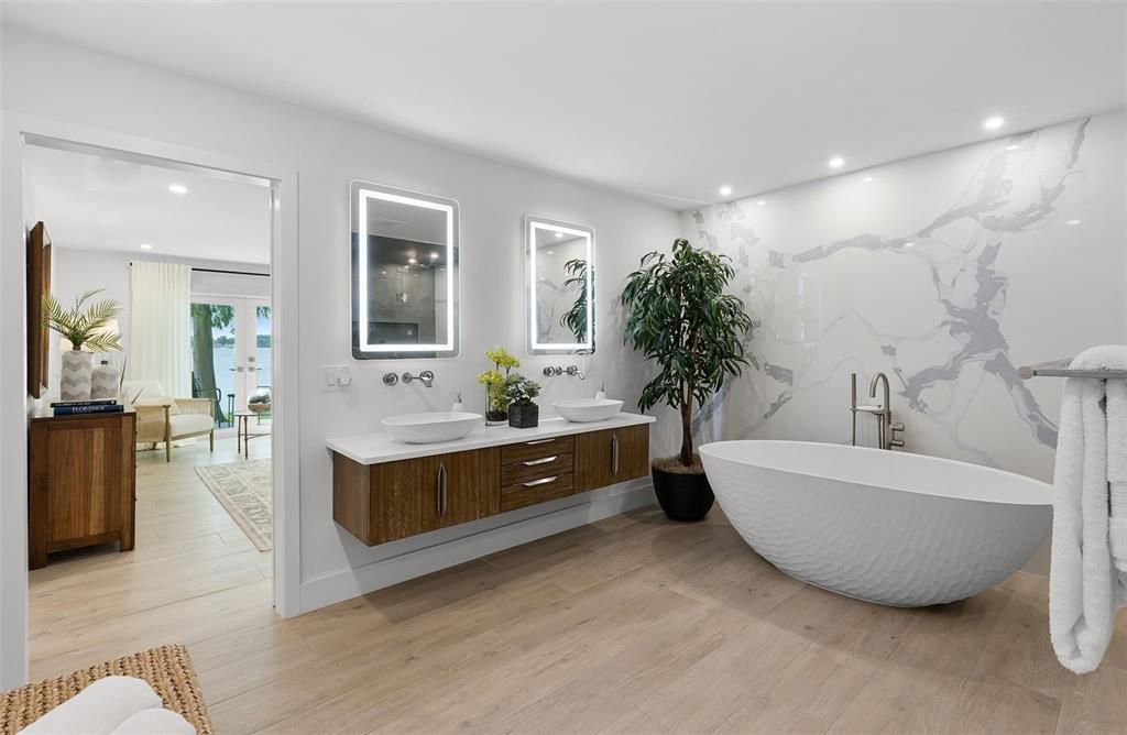 Bathroom, Dual Sink Vanities, Free Standing Baths, Interior, Marble Walls, Recessed Lighting, Wood Texture Flooring